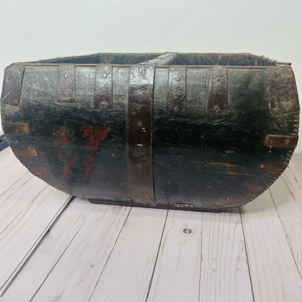 Antique Chinese Rice Grain Harvest Basket Bucket Scoop Measure Wood